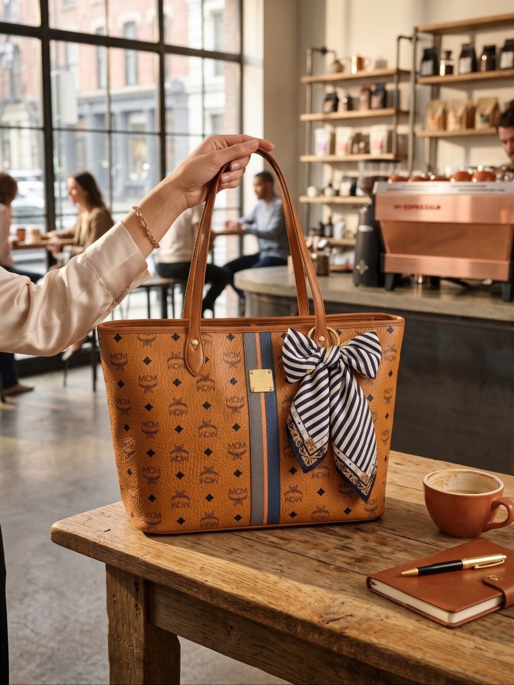 MCM Cognac Visetos Tote with Blue Stripes